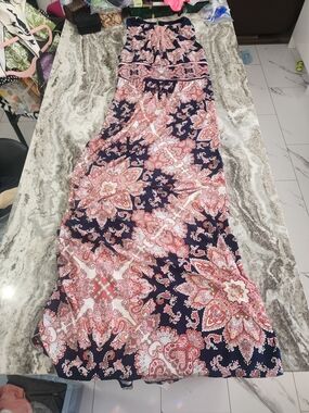 London Style Navy and Pink Paisley Halter Maxi Dress